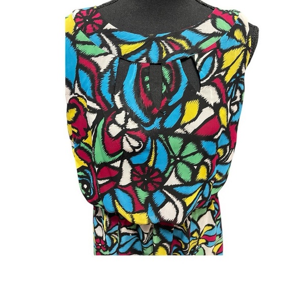 I Le New York Sleeveless Dress Womens Art Deco Floral Keyhole Neck Belted Sz 14W - Picture 2 of 5